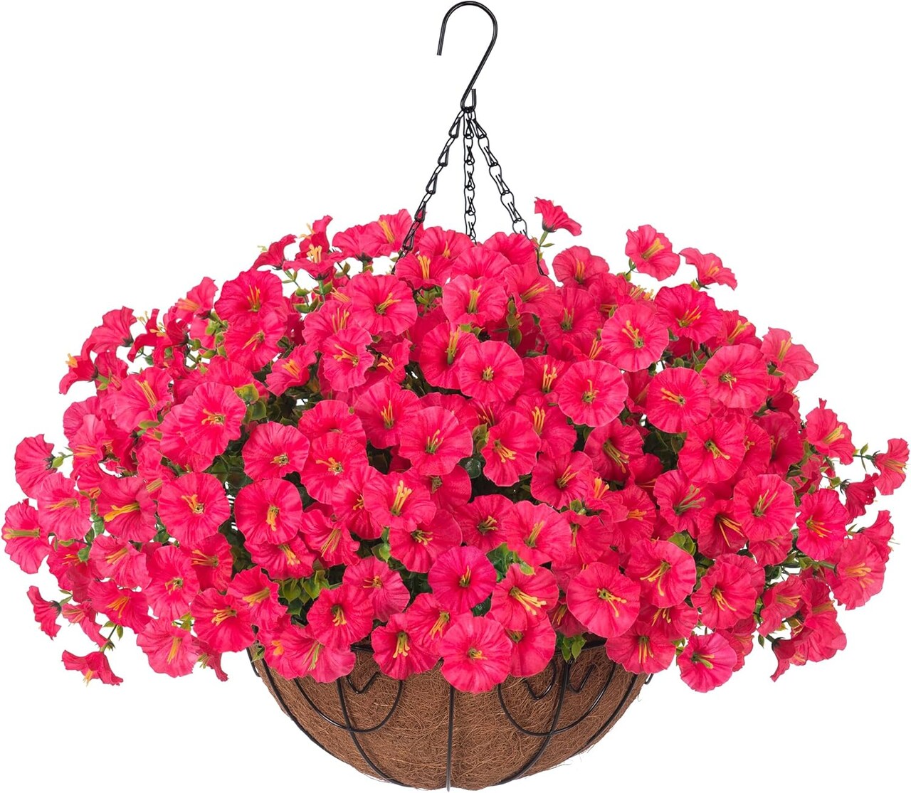 Artificial Hanging Morning Glory Flowers in Basket – UV Resistant Faux Silk for Outdoor & Home Decor (Hot Pink)